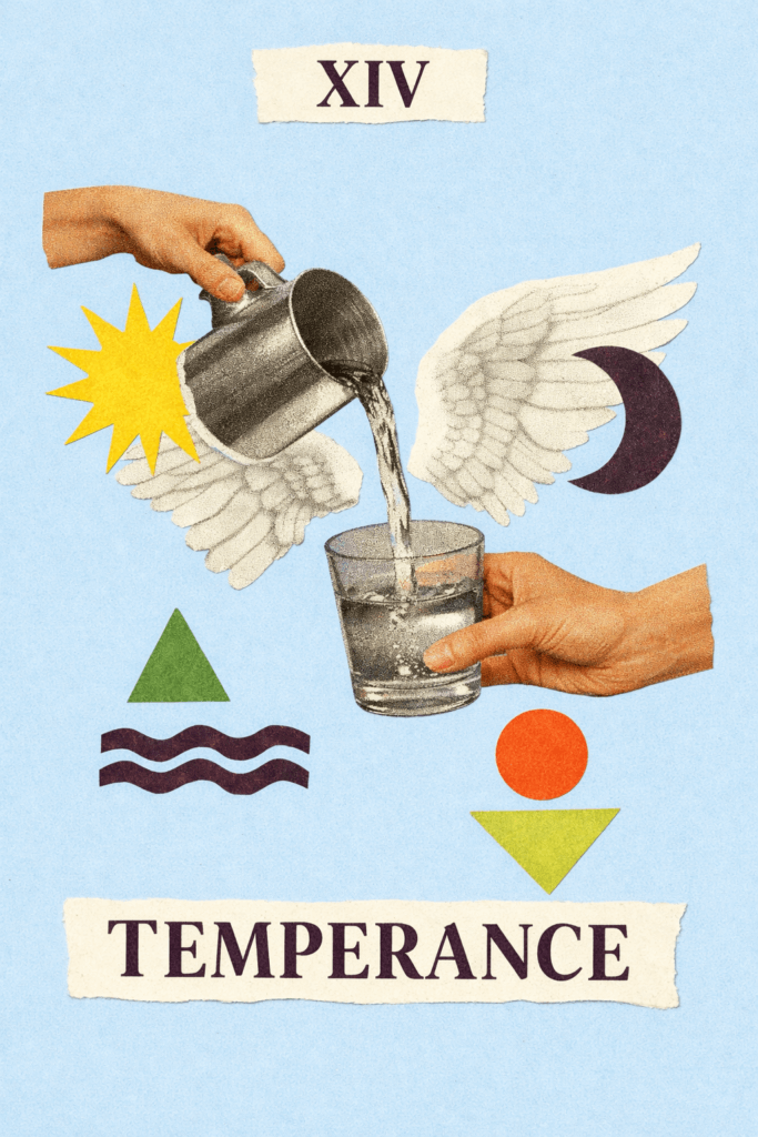 Colagem digital fazendo uma releitura da carta A Temperança do tarô.