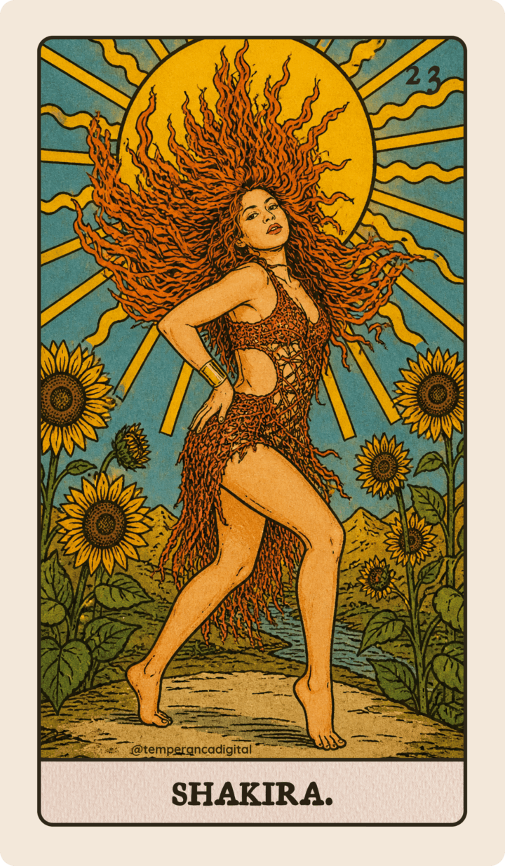 Carta Shakira do Tarot Millenial. A ilustração mostra a cantora Shakira se apresentando num palco, mas o fundo é um sol e um campo de girassóis.
