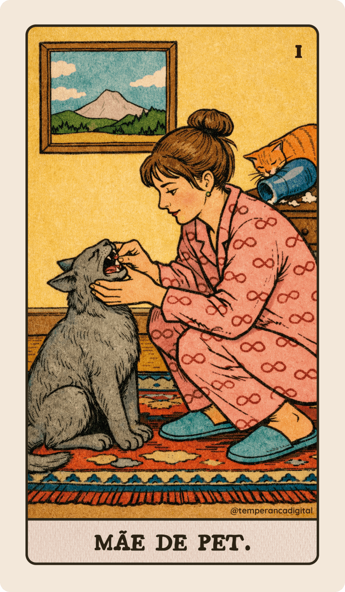 Carta de tarô no estilo Smith-Waite, "Mãe de Pet", mostrando uma jovem tentando dar remédio para um gato.