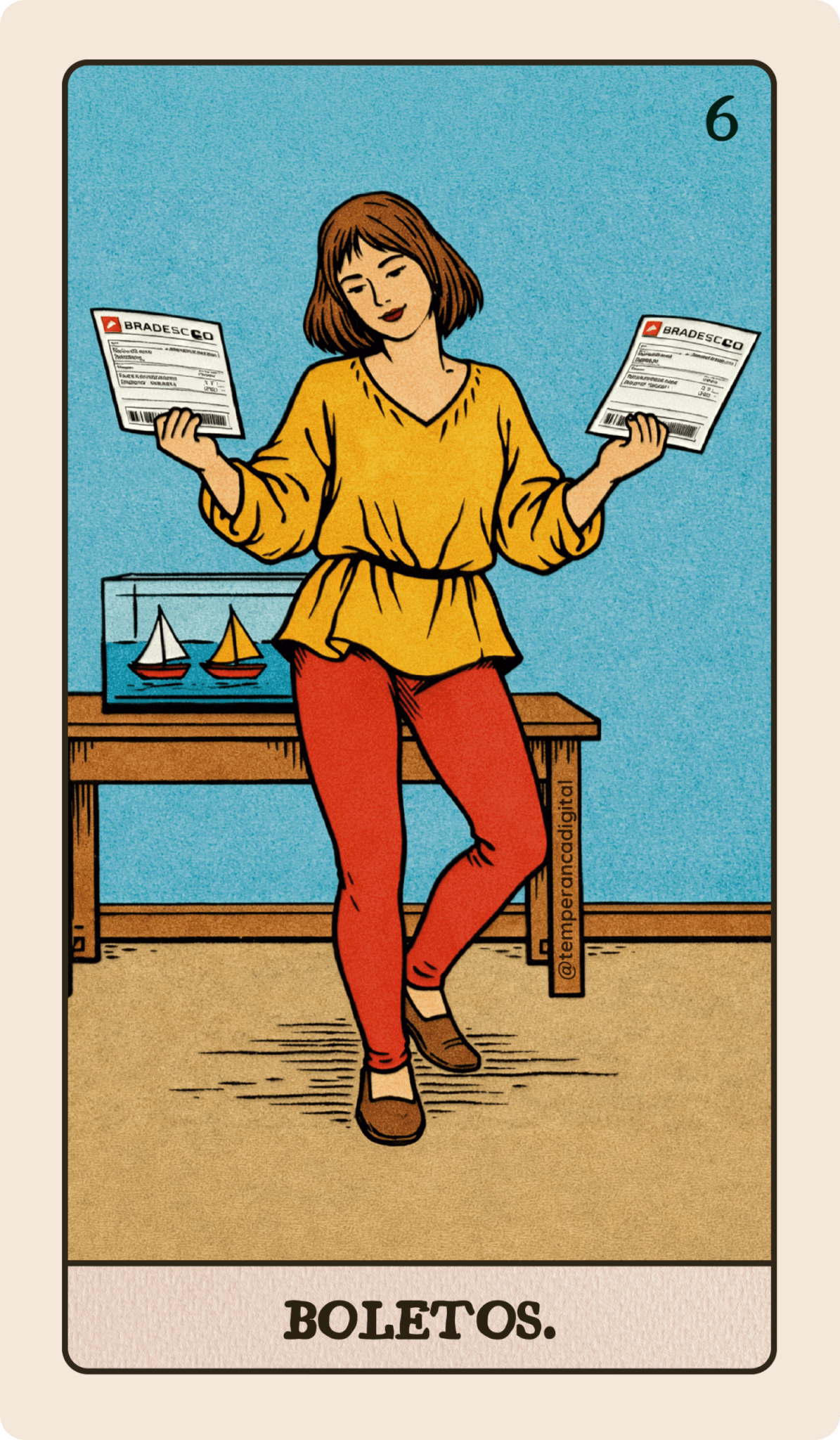 Carta "Boletos" do Tarot Millenial, com uma jovem equilibrando dois boletos, um em cada mão