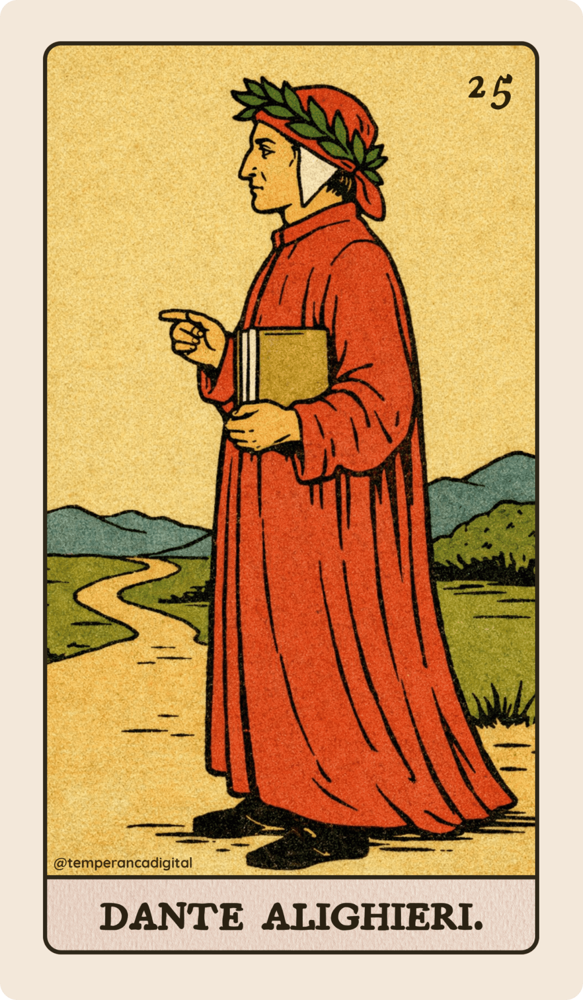 Carta de tarô no estilo Smith-Waite, "Dante Alighieri", mostrando uma imagem do escritor italiano
