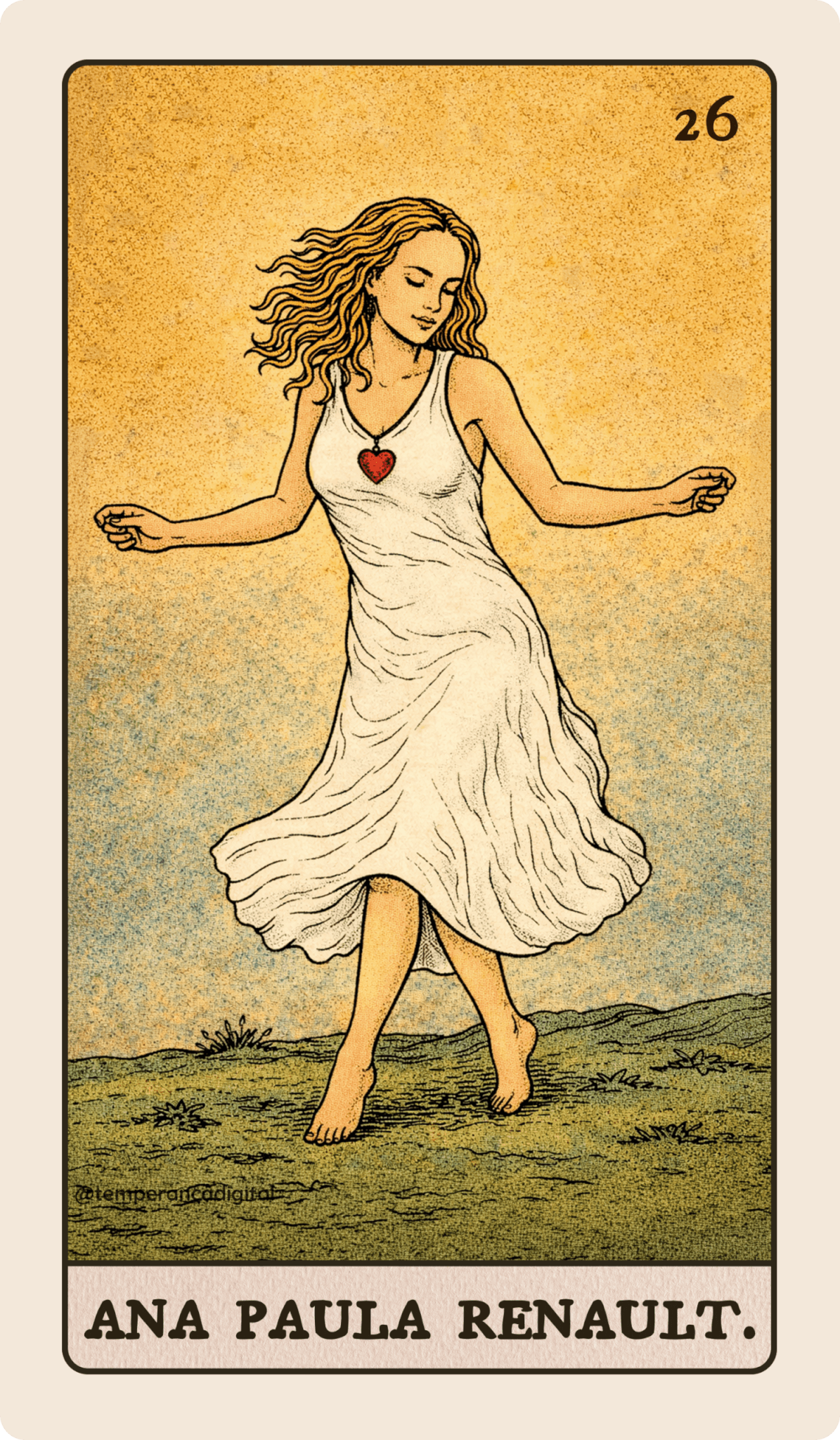Carta "Ana Paula Renault" do Tarot Millenial. Na ilustração, a participante do Big Brother Brasil 2026 dança com um vestido branco e leve, num gramado.