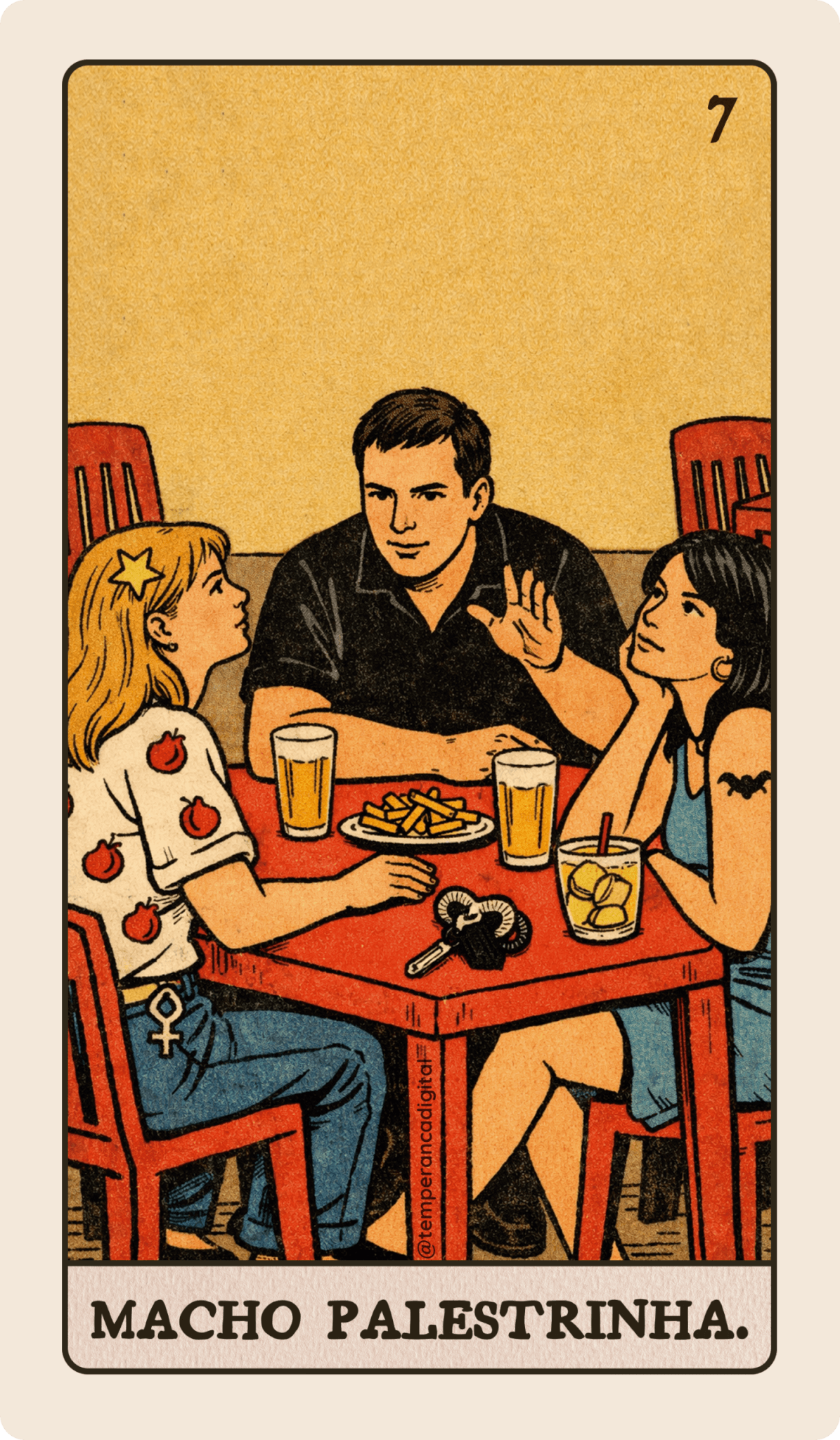 Carta "Macho Palestrinha" do Tarot Millenial. Um homem numa mesa de bar, exibido, fala demais para duas mulheres visivelmente entediadas.
