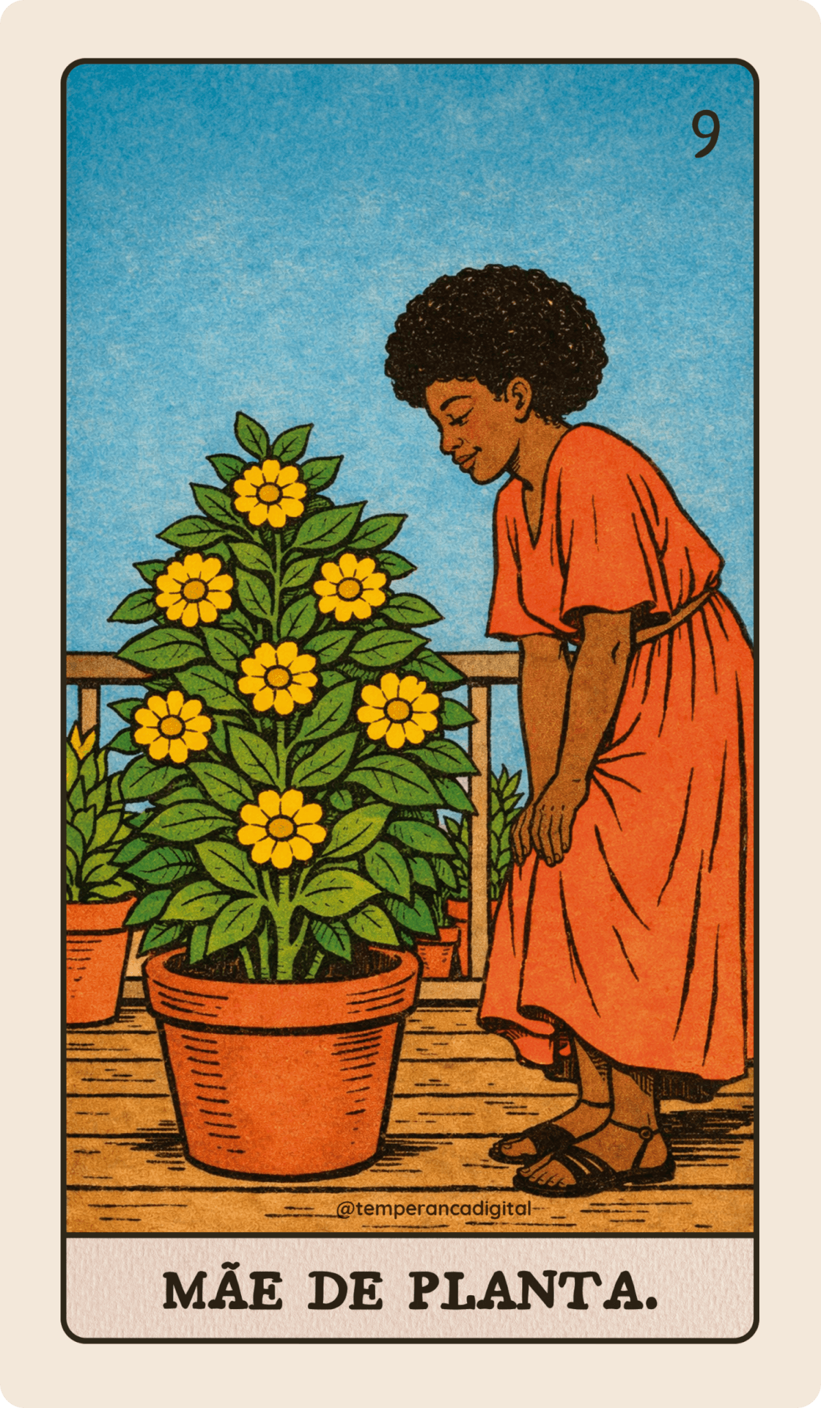 Carta "Mãe de Planta" do Tarot Millenial. Uma jovem olha admirada para um vaso de plantas com sete flores amarelas.