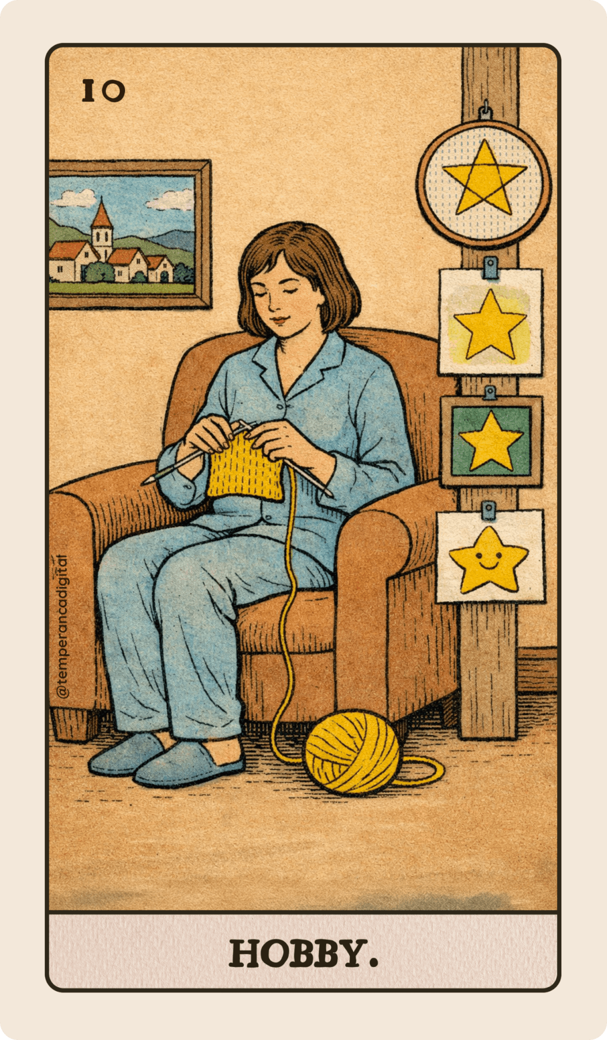Carta Hobby do Tarot Millenial. Ela mostra uma jovem tricotando. Pendurados numa coluna da sala, um bastidor de ponto-cruz, uma aquarela, um quadro de pintura a óleo e um desenho de colorir, mostrando que a jovem está sempre em busca de novos hobbies.