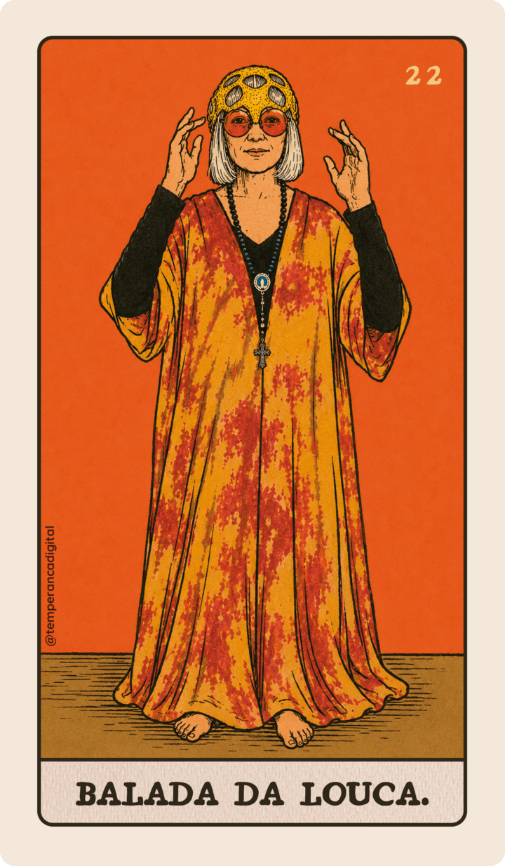 Carta Balada da Louca do Tarot Millenial. A ilustração representa a atriz Lilia Cabral vestida de Rita Lee, na foto de divulgação da peça.