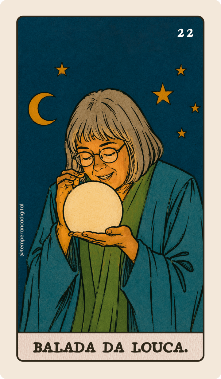 Carta Balada da Louca do Tarot Millenial. A ilustração representa a atriz Lilia Cabral interpretando Rita Lee durante a peça.