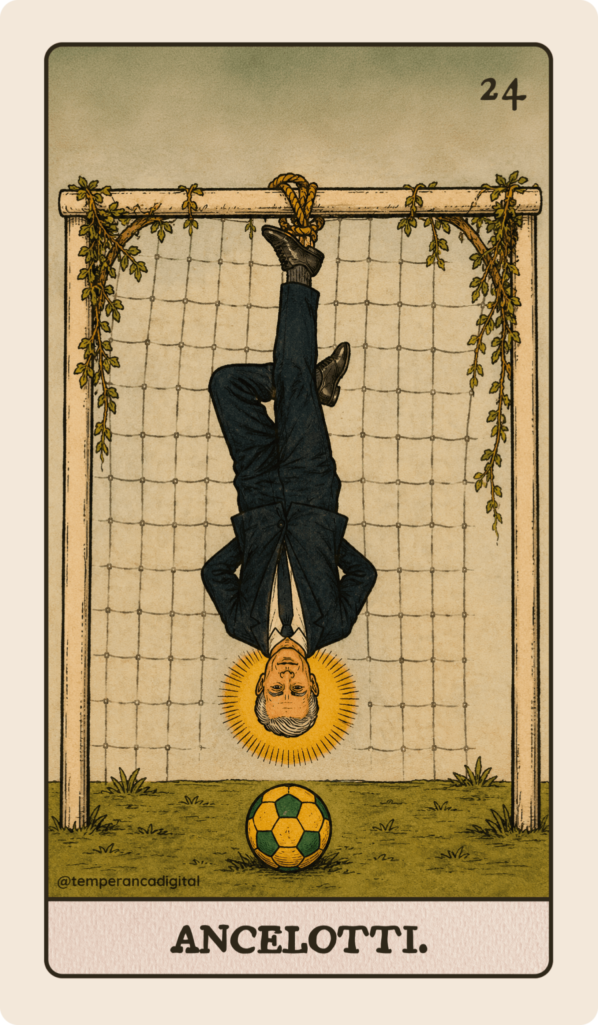 Carta Ancelotti do Tarot Millenial. A ilustração mostra o treinador da seleção brasileira masculina de futebol, Carlo Ancelotti, pendurado de ponta cabeça numa trave de gol, fazendo referência à carta Pendurado do tarô.